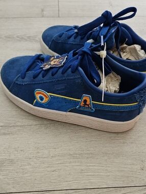 Puma Kids Blue Suede Sneakers with Yellow Trim and Character Charms